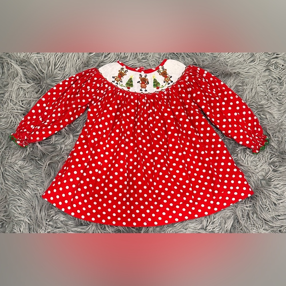 MOLLY POP Reindeer Smocked Embroidered Polka Dot Corduroy Dress Christmas size 3
